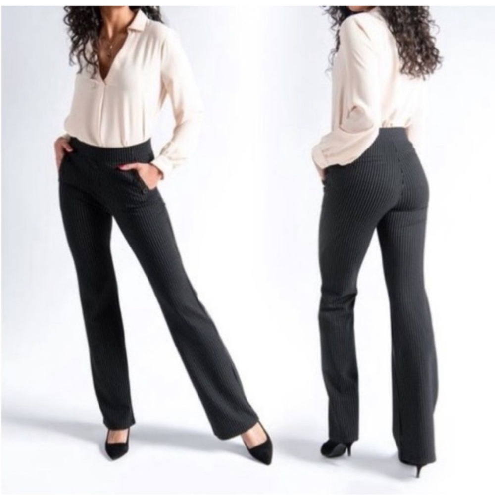 Betabrand‎ Women’s Black Pinstripe Sailor Button Pocket Bootcut Stretch Pants- L